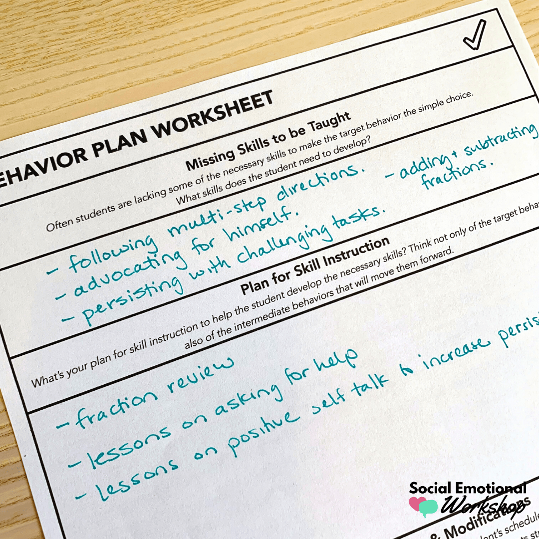 missing skills section of a behavior plan development worksheet | social emotional workshop